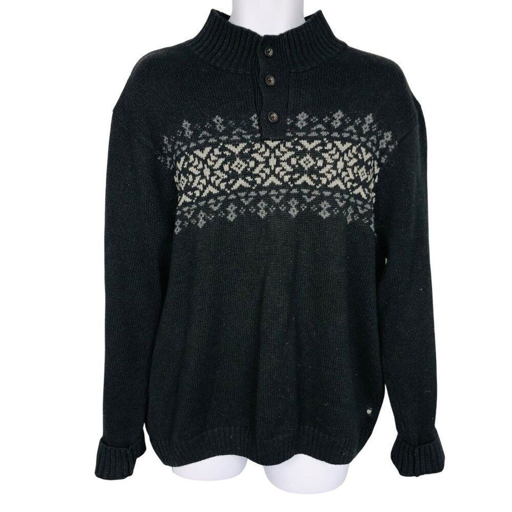 Chaps Sweater Mens L Black Gray Nordic High Neck Henley Pullover